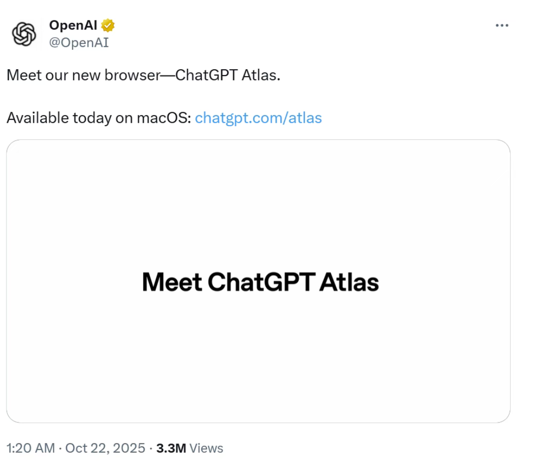 10月22日·OpenAI发布AI浏览器ChatGPT Atlas,基于Chromium